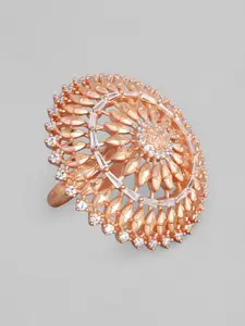 Rubans Rose Gold-Plated White CZ Studded Filgree Handcrafted Broad Finger Ring