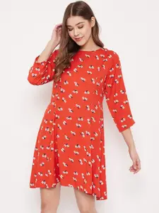 PURYS Women Red Printed A-Line Dress