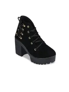 Funku Fashion Women Black Solid Suede Mid-Top Heeled Boots
