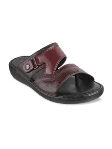 Metro Men Maroon Solid Leather Comfort Sandals