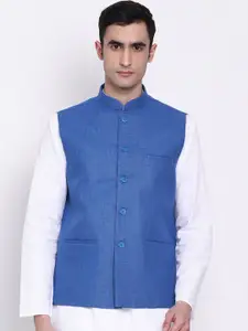 NAMASKAR Men Blue Woven-Design Nehru Jacket