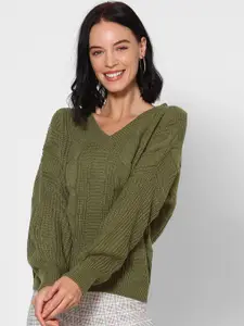 FOREVER 21 Women Green Self-Design Pullover Sweater