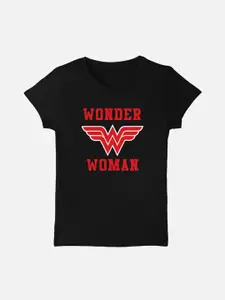 Kids Ville Girls Black Wonder Woman Printed Round Neck T-shirt