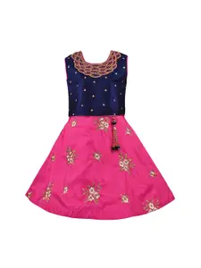 Wish Karo Girls Pink & Navy Blue Embellished Ready-To-Wear Lehenga Choli