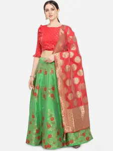 PURVAJA Women Green & Red Printed Semi-Stitched Lehenga & Unstitched Blouse with Dupatta