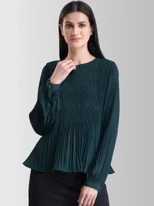 FableStreet Women  Accordion Pleated Green Solid Top