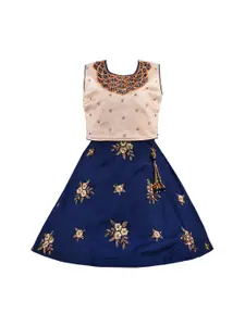 Wish Karo Girls Navy Blue & Gold-Coloured Ready To Wear Embroidered Silk Lehenga Choli