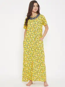 The Kaftan Company Women Yellow & Blue Floral-Print Nightdress