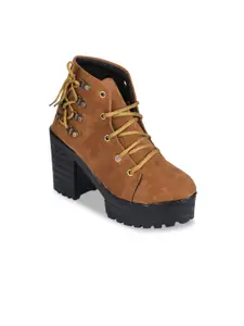 Funku Fashion Women Tan Brown Solid Suede Mid-Top Flat Boots