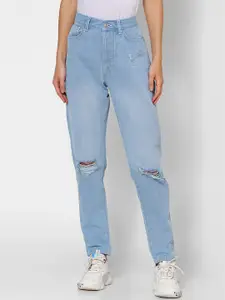 FOREVER 21 Women Blue Regular Fit Mid-Rise Slash Knee Jeans