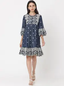 Saanjh Women Blue Printed Fit and Flare Dress