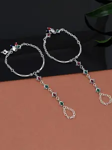 Silvermerc Designs Stylish & Trendy Silver Plated Green & Pink Stone Studded Anklet For Women
