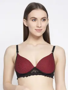 Quttos Women Red & Black Lace Non-Wired Lightly-Padded T-Shirt Bra QT-BR-4024