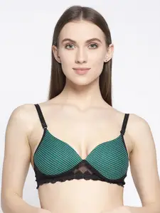 Quttos Women Green & Black Checked Lightly-Padded Wireless Lace T-shirt Bra QT-BR-4024