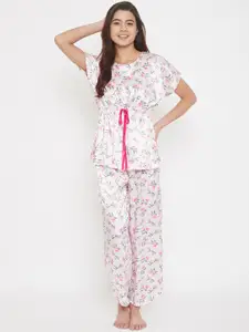 The Kaftan Company Women Off White & Pink Floral-Print Night Suit