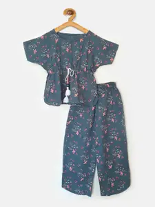 The Kaftan Company Girls Teal Blue & Pink Floral-Print Night Suit