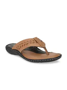 SHENCES Men Tan Brown Woven Design Leather Comfort Sandals