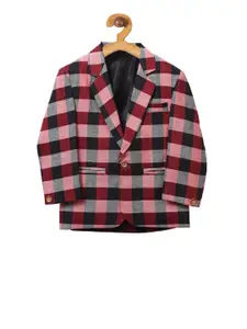 RIKIDOOS Boys Red & Grey Checked Comfort-Fit Single-Breasted Casual Blazer
