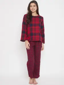 The Kaftan Company Women Red & Navy Blue Checked Night Suit