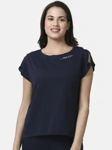Enamor Women Navy Blue Solid Round Neck T-shirt