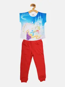 YK Disney Girls White & Red Printed T-shirt with Pyjamas