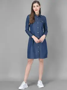Kotty Women Blue Solid Denim Shirt Dress