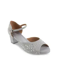Mochi Women Grey & Silver-Toned Embellished Block Heels