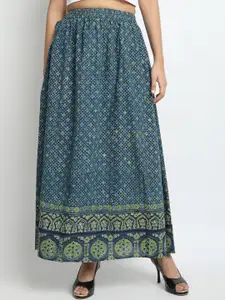 Molcha Women Green & Blue Printed Flared Maxi Pure Cotton Skirt