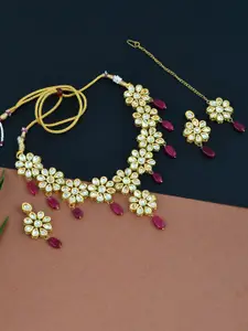 Silvermerc Designs Gold-Plated White & Red Kundan Studded Jadau Necklace With Earrings