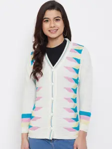 Zigo Women White & Blue Self-Design Cardigan Sweater