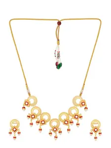 Voylla Gold-Plated Red & White Enameled Temple Bell Faux Pearls Embellished Necklace Jewellery Set
