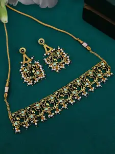 Voylla Gold-Plated Green & White Tahira Floral Motif Necklace Jewellery Set