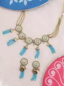 Voylla Gold-Plated & Blue Gwalior Circles and Tassels Drop Necklace Jewellery Set