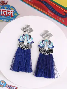 Voylla Silver-Toned & Navy Blue Contemporary Drop Earrings