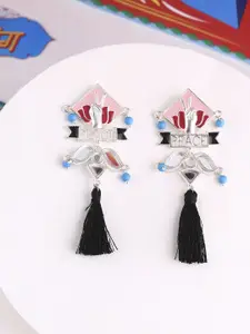 Voylla Silver-Toned & Black Contemporary Drop Earrings