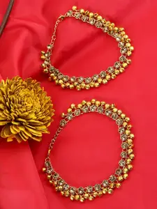 ANIKAS CREATION Set Of 2 18K Gold-Plated Beige Kundan-Studded Vilandi Anklets