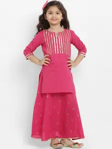 Bitiya by Bhama Girls Pink Gotta Patti Striped Kurta with Skirt