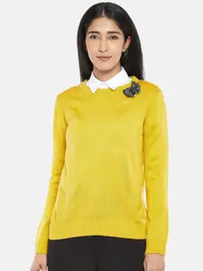Annabelle by Pantaloons Women Mustard Yellow Solid Pullover Sweater