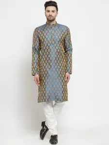 Jompers Men Blue & Off-White Woven Design Kurta with Churidar