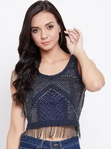 LE BOURGEOIS Women Navy Blue Embellished Crop Top
