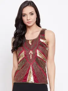 LE BOURGEOIS Women Maroon & Gold-Coloured Sequin Embellished Top