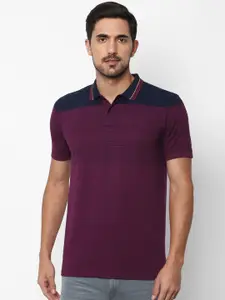 Allen Solly Men Purple Striped Polo Collar Pure Cotton T-shirt