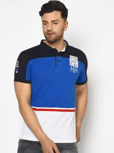 Duke Men Blue & White Colourblocked Polo Collar T-shirt