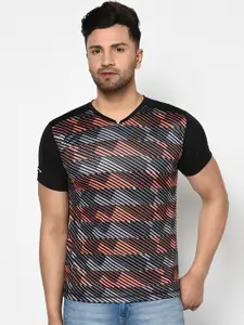 Duke Men Black Striped V-Neck T-shirt