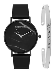 JOKER & WITCH Women Black & Silver-Toned Watch & Bracelet Gift Set