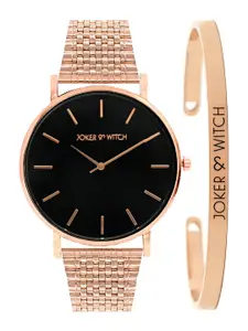 JOKER & WITCH Women Black & Rose-Gold Toned Starry Night Watch With Bracelet Gift Set