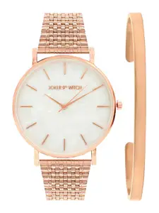 JOKER & WITCH Women White & Rose-Gold Toned Starburst Watch With Bracelet Gift Set
