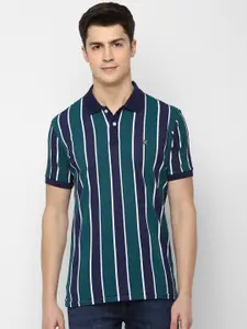 Allen Solly Sport Men Green  Blue Striped Polo Collar Pure Cotton T-shirt