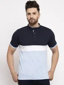 Kalt Men Navy Blue & White Colourblocked Mandarin Collar T-shirt