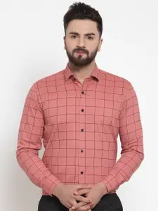 JAINISH Men Peach-Coloured Regular Fit Cotton Checked Formal Shirt
